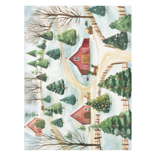 Wasserfarbe Winter Rustikale Landschaft mit Bäumen Tischdecke (Vorderseite)