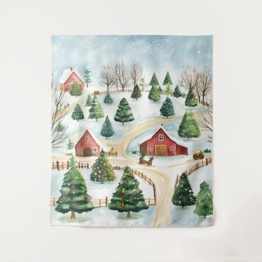 Wasserfarbe Winter Rustikale Landschaft mit Bäumen Wandteppich (Vorderseite)