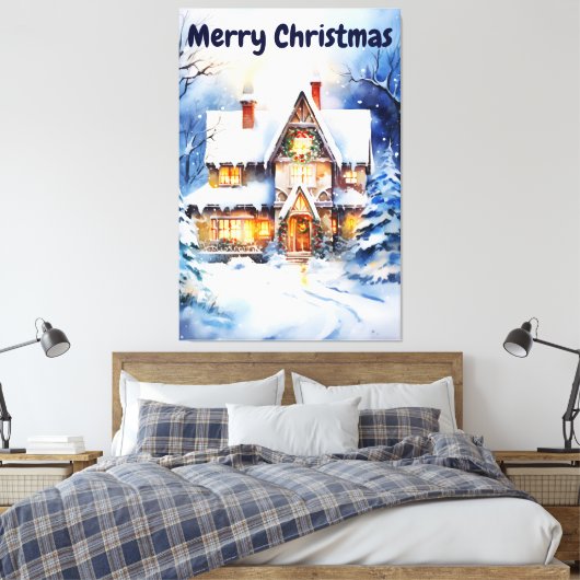 Wasserfarbe Winter Schneelandschaft Weihnachtshaus Leinwanddruck (Insitu (Schlafzimmer))