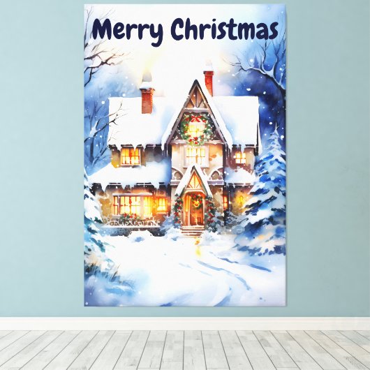 Wasserfarbe Winter Schneelandschaft Weihnachtshaus Leinwanddruck (Insitu (Holzboden))