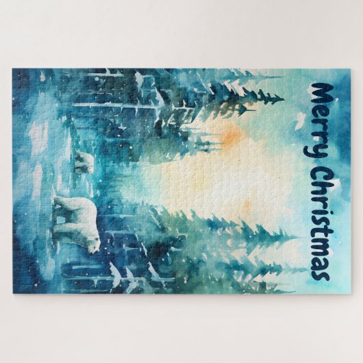 Wasserfarbe Winterlandschaft Nordpol Weihnachten Puzzle (Horizontal)