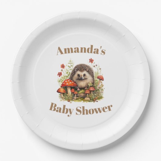 Wasserfarbe Woodland Igel Pilze Babydusche Pappteller (Vorderseite)