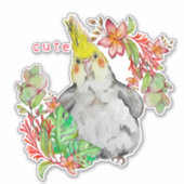 Wasserfarbe zeichn eines lustigen Papagei in Blume Aufkleber (Vorderseite)