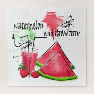 Wasserfarbe zeichn von Wassermelonen und Erdbeeren Puzzle