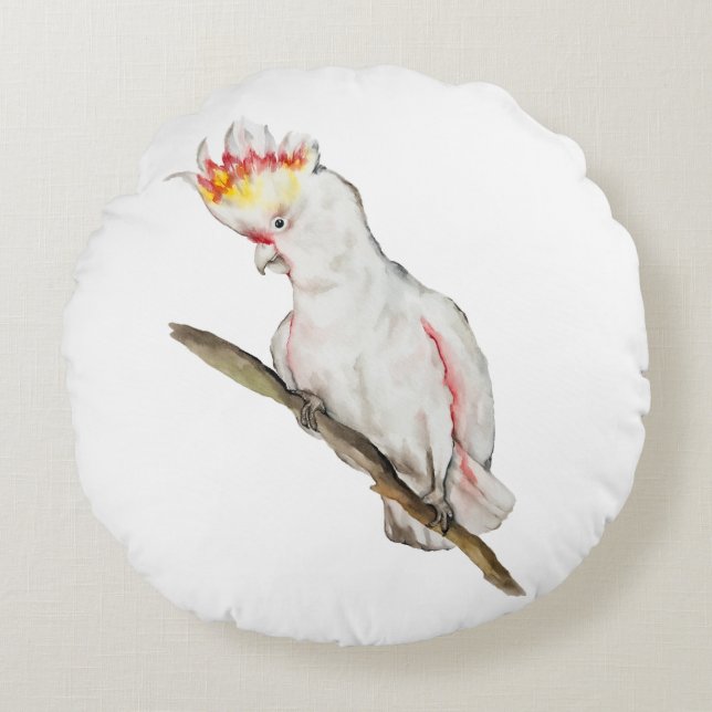 Wasserfarbe zeichnend Kakaduspapagei Rundes Kissen (Vorderseite)