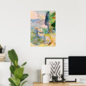 Wasserfarbe zeichnend mit einer alten Mauer gegen Poster (Heimbüro)