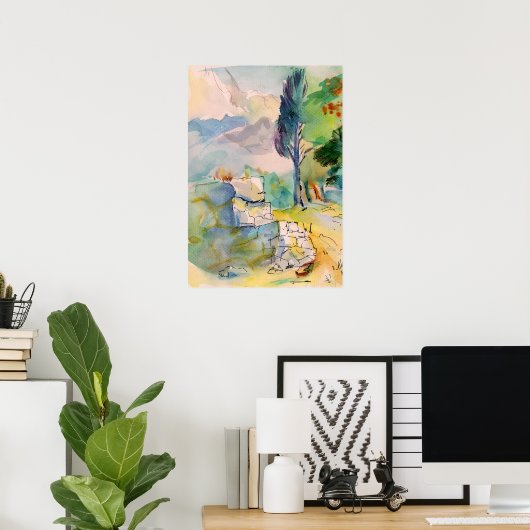 Wasserfarbe zeichnend mit einer alten Mauer gegen  Poster (Heimbüro)