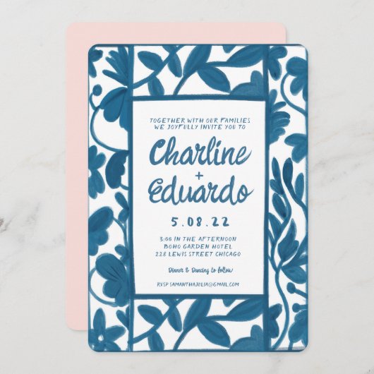 WasserfarbeBlue Floral Handschrift Moderne Hochzei Einladung (Vorne/Hinten)