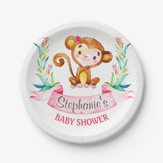 Wasserfarben-Affen-Girl-Babydusche Pappteller (Vorderseite)