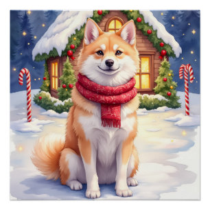 Wasserfarben Akita Lebkuchenhäuschen Weihnachten Poster