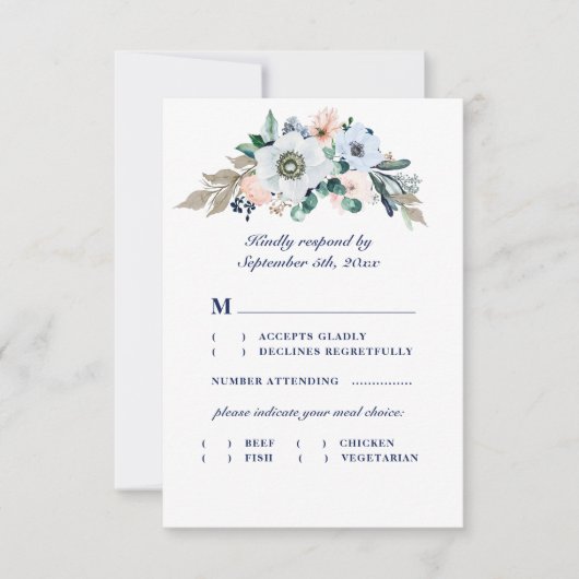 Wasserfarben Anemone Navy Hochzeitsmahlzeit Wahl RSVP Karte (Vorderseite)