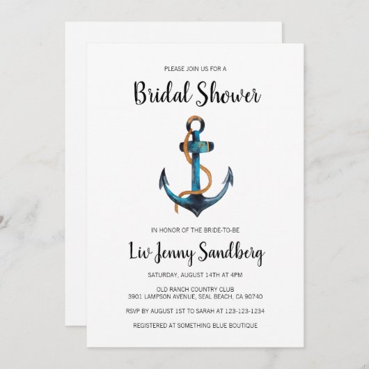 Wasserfarben-Anker Nautisches Brautparty Einladung (Vorne/Hinten)