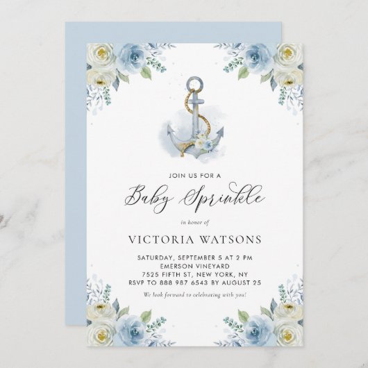 Wasserfarben-Anker und Blumen-Baby-Sprinkle Einladung (Vorne/Hinten)