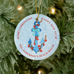 Wasserfarben-Anker-Weihnachtslicht-Bogen-Nautik Keramik Ornament
