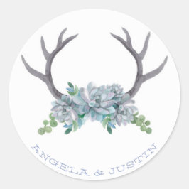 Wasserfarben-Antler und Echeveria-Hochzeit Runder Aufkleber
