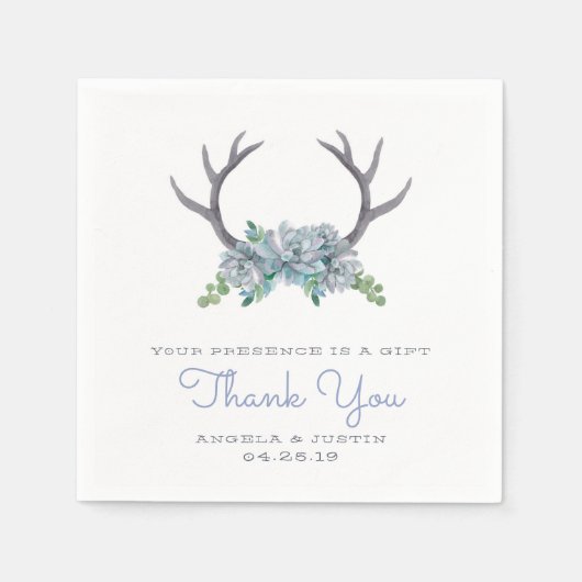 Wasserfarben-Antler und Echeveria-Hochzeit Serviette (Vorderseite)