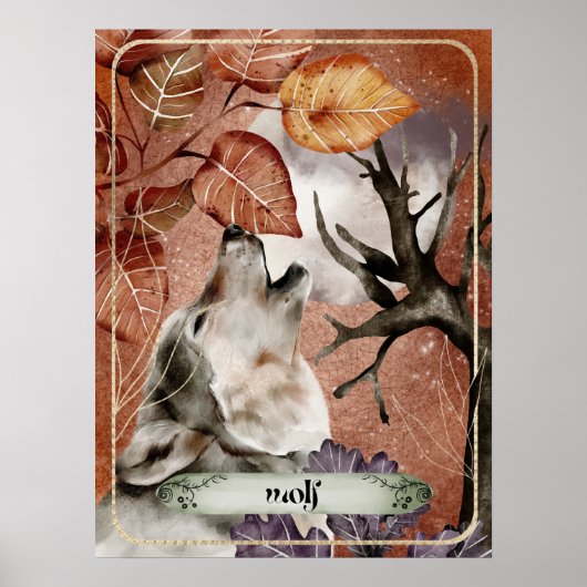 Wasserfarben Art Wolf Howling auf Vollmond Natur Poster (Vorne)