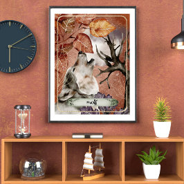 Wasserfarben Art Wolf Howling auf Vollmond Natur Poster