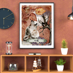 Wasserfarben Art Wolf Howling auf Vollmond Natur Poster