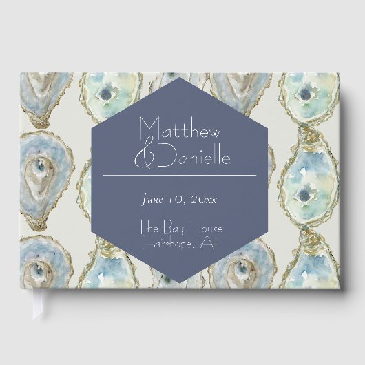 Wasserfarben-Austern Hochzeit- Dusty Blue Gästebuch (Vorderseite)
