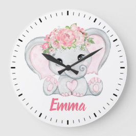 Wasserfarben Baby Elephant Pink Floral Girl Kinder Große Wanduhr