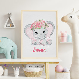 Wasserfarben Baby Elephant Pink Floral Girl Kinder Poster