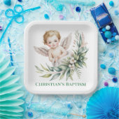 Wasserfarben-Baby-Engel-Federflügel-Taufe Pappteller (Party)