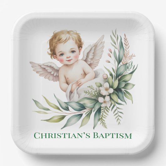 Wasserfarben-Baby-Engel-Federflügel-Taufe Pappteller (Vorderseite)
