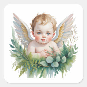 Wasserfarben-Baby-Engel mit Grün-Taufe Quadratischer Aufkleber