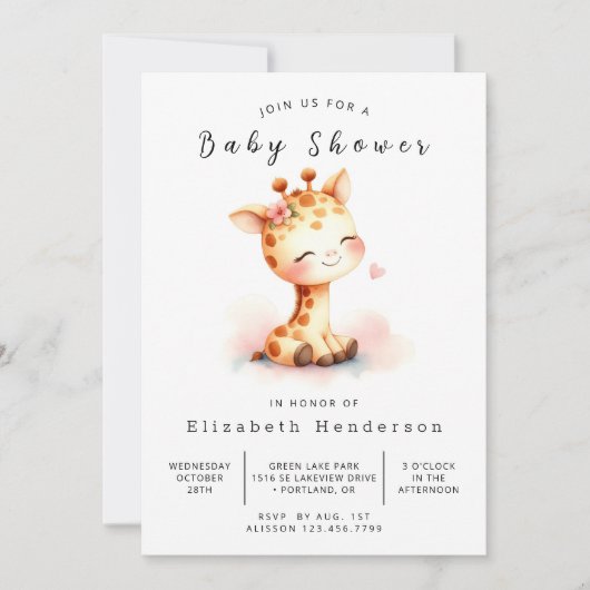 Wasserfarben-Babydusche für Giraffen Einladung (Vorderseite)