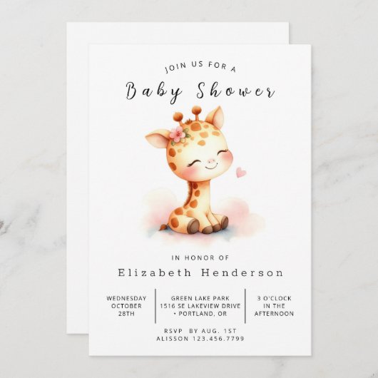 Wasserfarben-Babydusche für Giraffen Einladung (Vorne/Hinten)