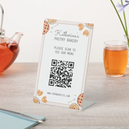 Wasserfarben Backkuchen Konditorei QR Code Menü Sockelschild (In SItu)