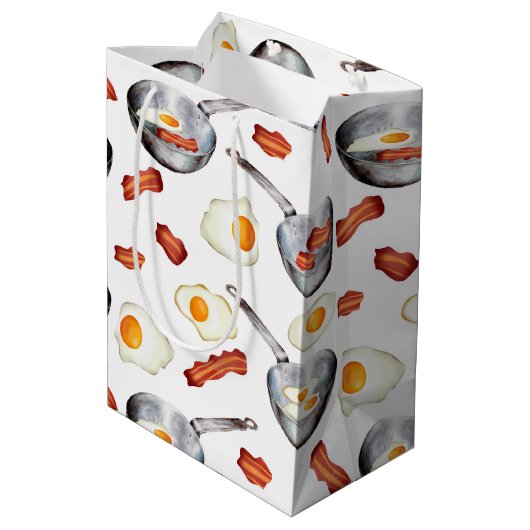 Wasserfarben Bacon & Eggs Frühstücksbuffet Muster Mittlere Geschenktüte (Rückseite Schrägansicht)