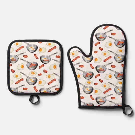 Wasserfarben Bacon & Eggs Frühstücksbuffet Muster Ofenhandschuh & Topflappen-Set (Vorderseite)