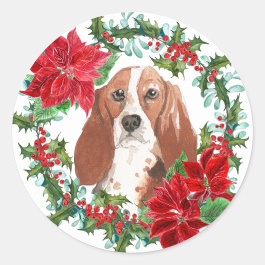 Wasserfarben-Basset Hound Poinsettia Holiday Wreat Runder Aufkleber (Vorderseite)