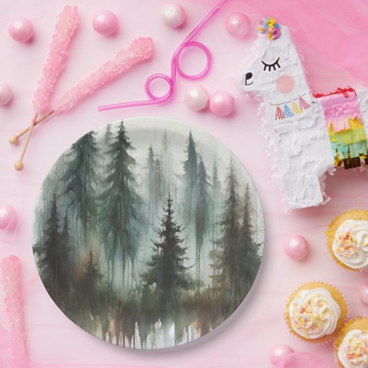 Wasserfarben Bäume Rustikale Hochzeit der Wildnis Pappteller (Party)