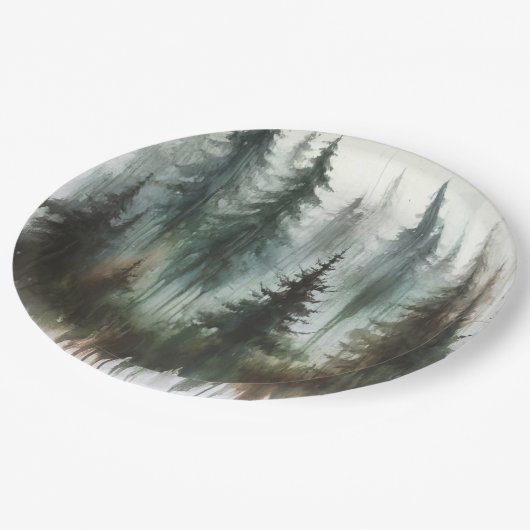 Wasserfarben Bäume Rustikale Hochzeit der Wildnis Pappteller (Schrägansicht)