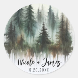 Wasserfarben Bäume Rustikale Hochzeit der Wildnis Runder Aufkleber