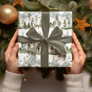 Wasserfarben Bäume und Hirsche Grüne Weihnachten Geschenkpapier