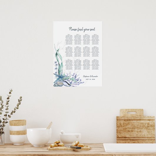 Wasserfarben Beach Blue Wedding Chart Poster (Küche)