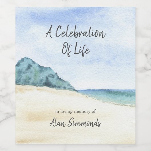 Wasserfarben-Beach-Feier zum Gedenken an das Leben Weinetikett