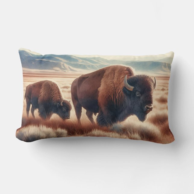 Wasserfarben-Bison auf der Decoupage der Ebenen Lendenkissen (Vorderseite)