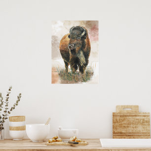 Wasserfarben-Bison Buffalo Cottagecore Rustikale P Poster