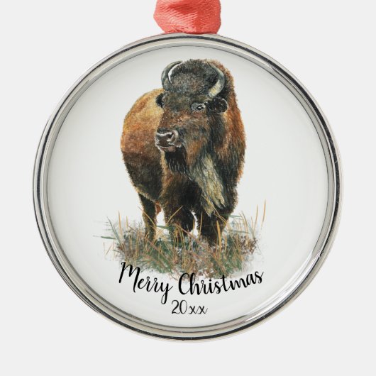 Wasserfarben Bison Buffalo Tierart Ornament Aus Metall (Vorne)