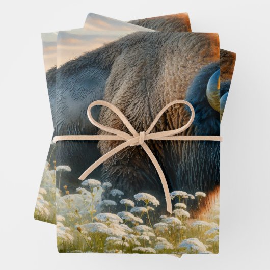 Wasserfarben-Bison White-Wildblumen Decoupage Geschenkpapier Set (Beispiel)