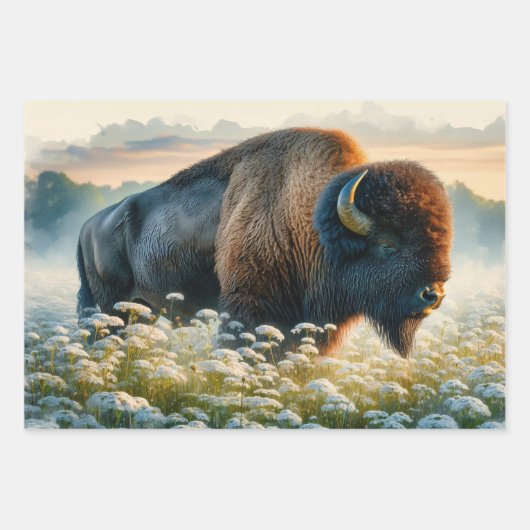Wasserfarben-Bison White-Wildblumen Decoupage Geschenkpapier Set (Vorderseite)