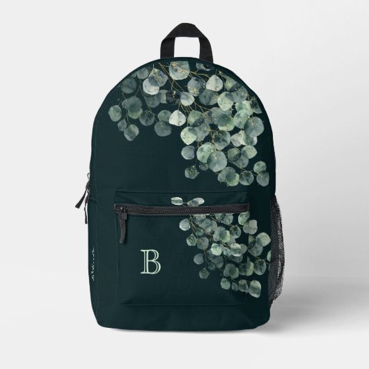 Wasserfarben-Blätter-Monogramm und Name Bedruckter Rucksack (Vorderseite)
