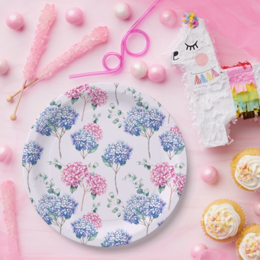 Wasserfarben Blau und Pink Hydrangeas Blumenmuster Pappteller (Party)