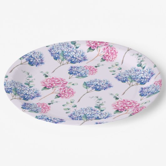 Wasserfarben Blau und Pink Hydrangeas Blumenmuster Pappteller (Schrägansicht)