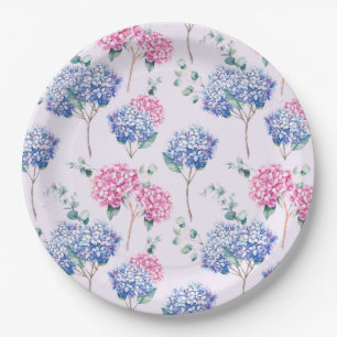 Wasserfarben Blau und Pink Hydrangeas Blumenmuster Pappteller